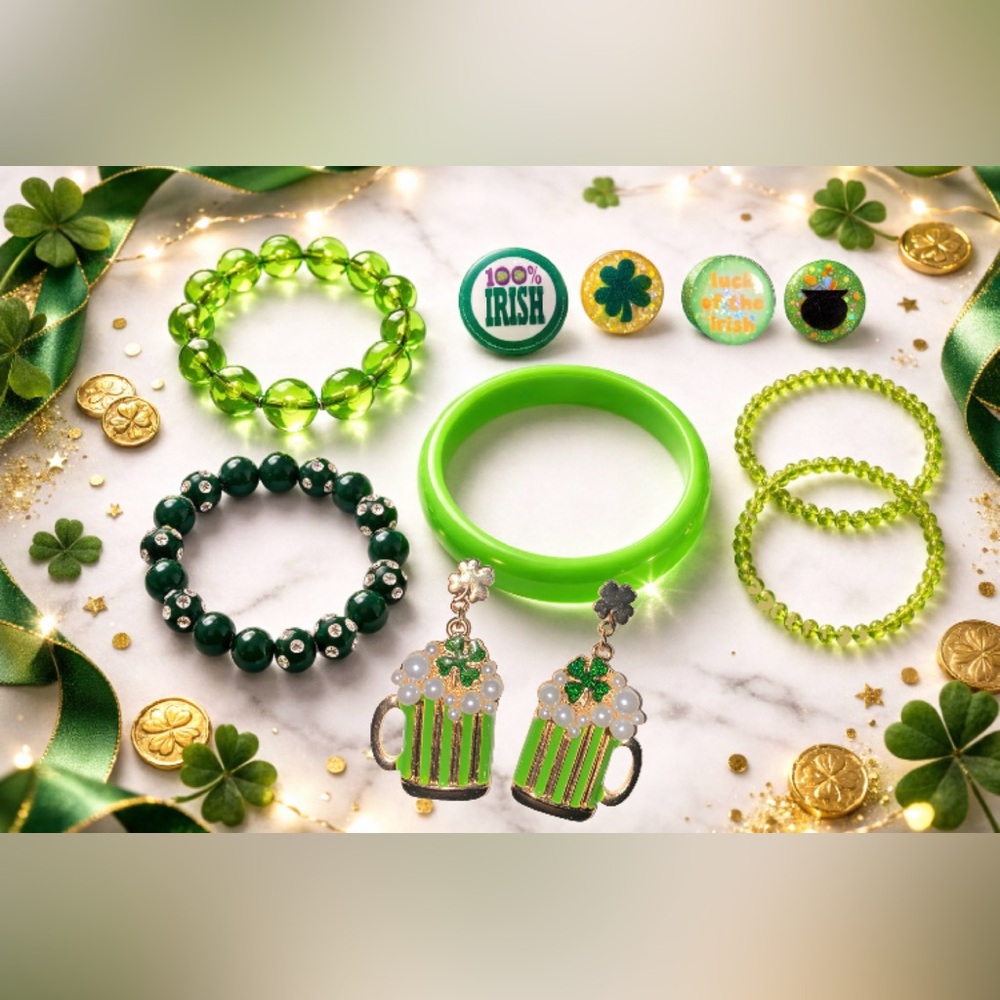 10pc St. Patrick’s Day Jewelry & Pin Set | Shamrock Bracelets Earrings Pins